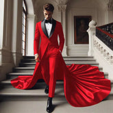 Elegance Burgundy Groom Wedding Suits Slim Fit Black Peaked Lapel Jacket Long With Pants 2 Pieces Men's Tuxedos Tailored Blazer